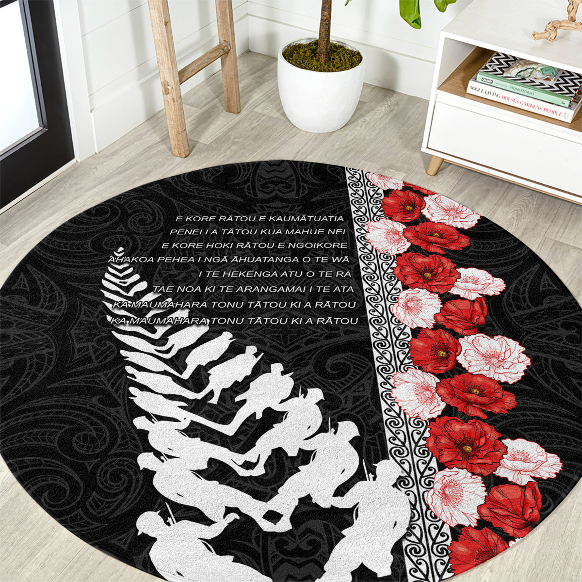 New Zealand ANZAC Day Round Carpet Soldier Silver Fern with Red Poppies Flower Maori Style LT03 Black - Polynesian Pride