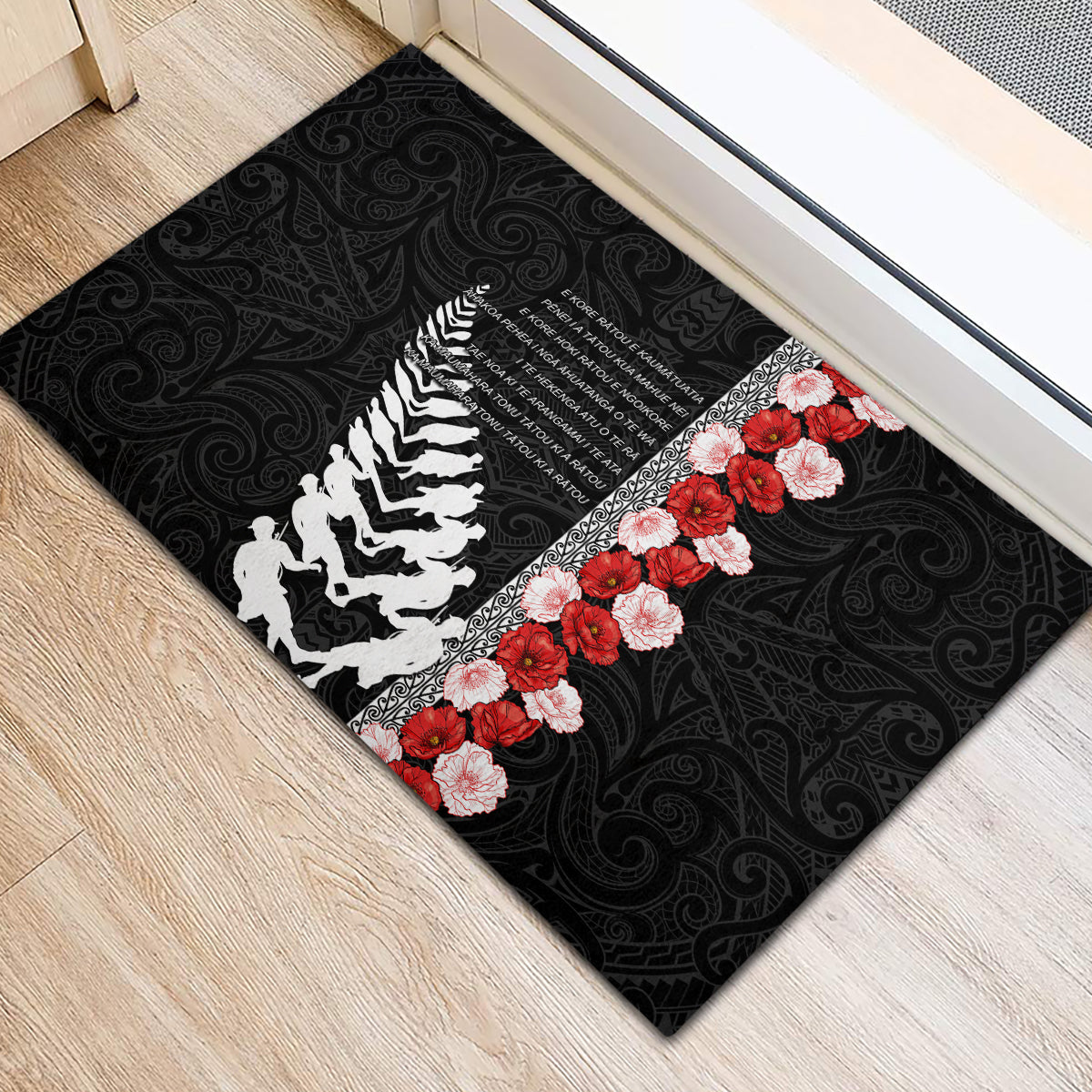 New Zealand ANZAC Day Rubber Doormat Soldier Silver Fern with Red Poppies Flower Maori Style LT03 - Polynesian Pride