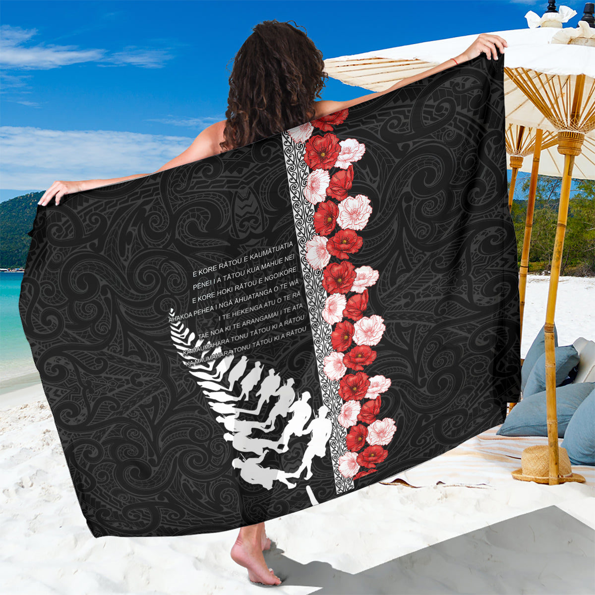 New Zealand ANZAC Day Sarong Soldier Silver Fern with Red Poppies Flower Maori Style LT03 One Size 44 x 66 inches Black - Polynesian Pride