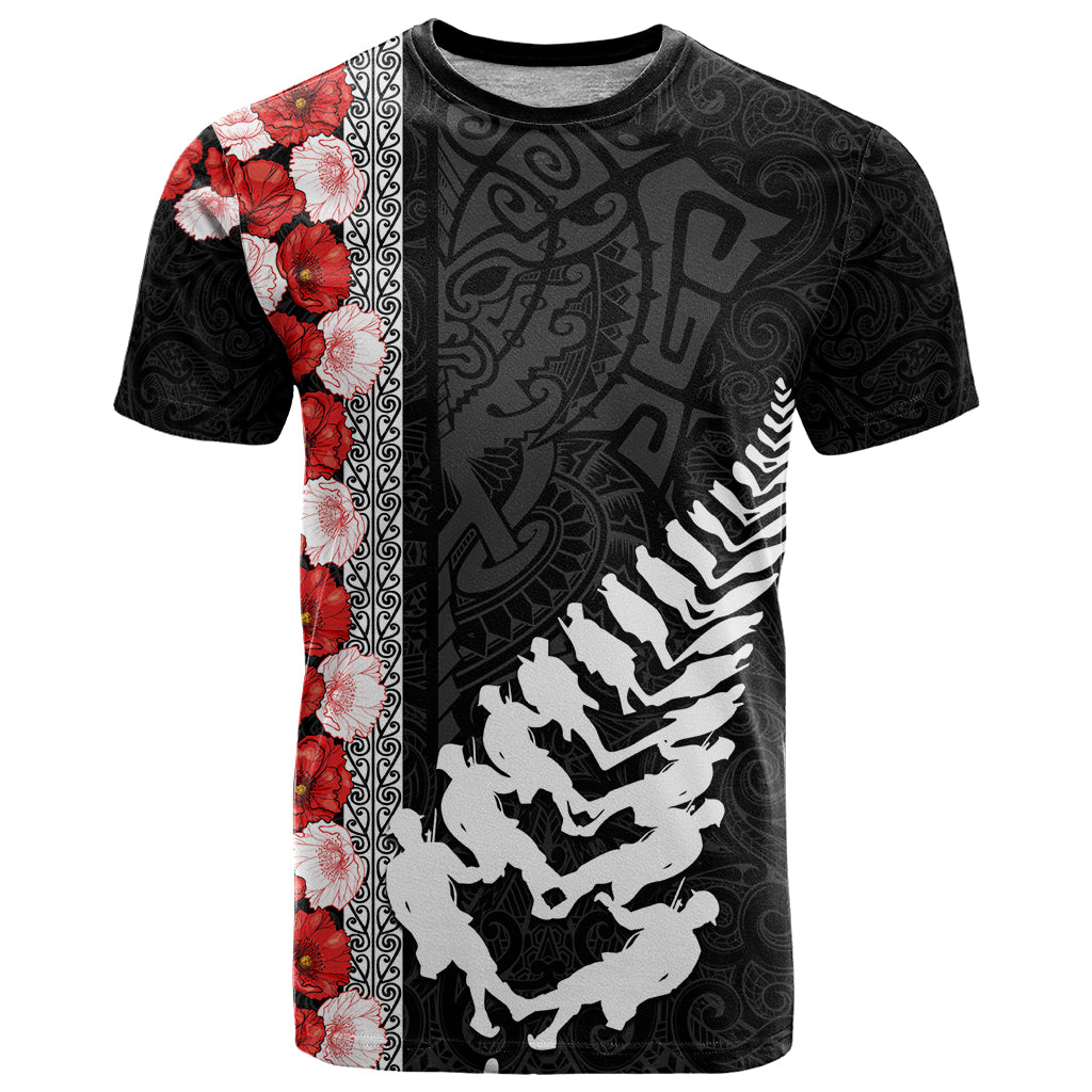 New Zealand ANZAC Day T Shirt Soldier Silver Fern with Red Poppies Flower Maori Style LT03 Black - Polynesian Pride