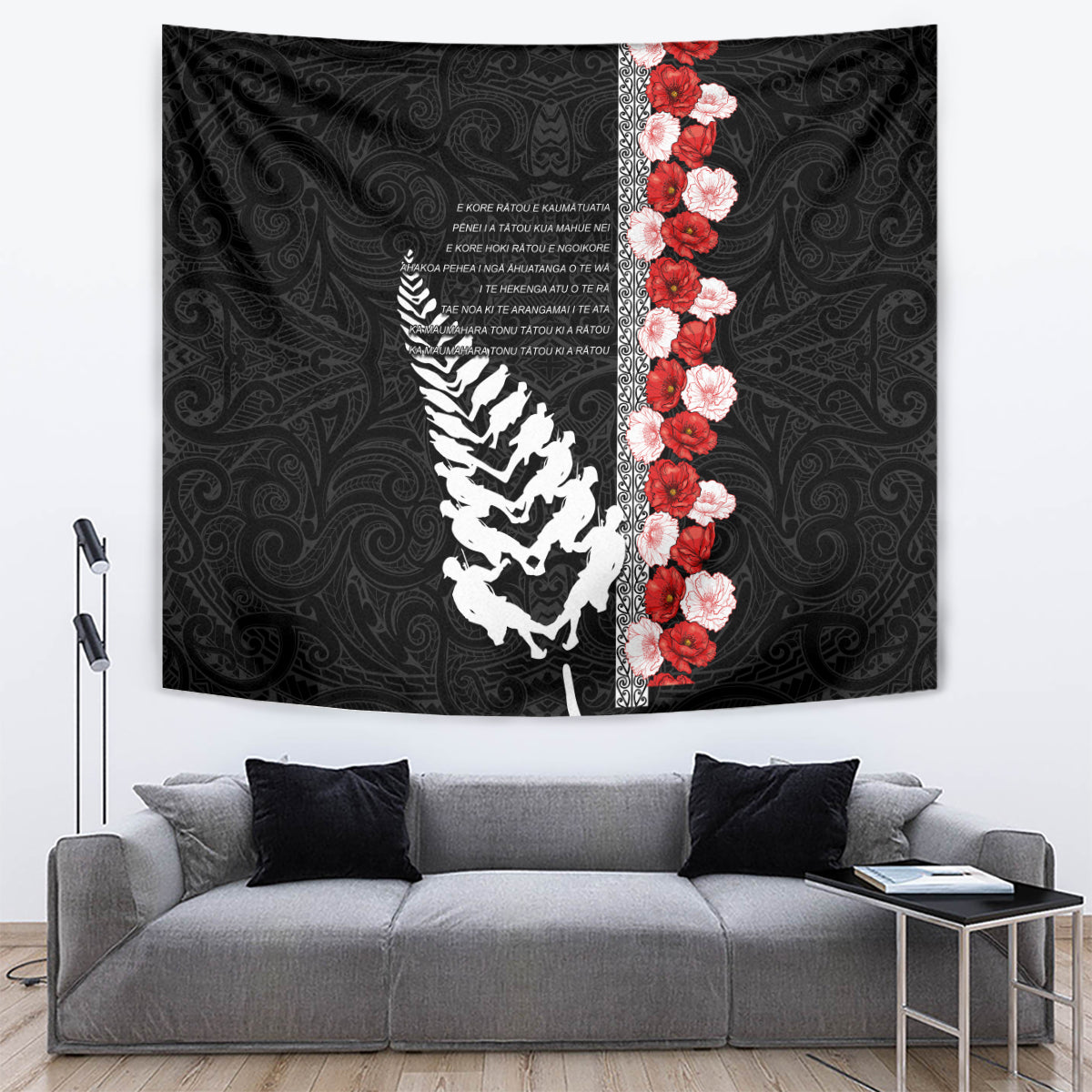 New Zealand ANZAC Day Tapestry Soldier Silver Fern with Red Poppies Flower Maori Style LT03 Black - Polynesian Pride