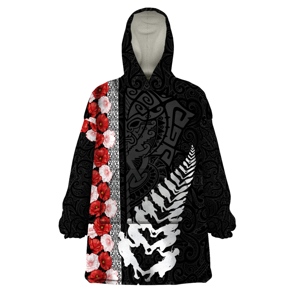 New Zealand ANZAC Day Wearable Blanket Hoodie Soldier Silver Fern with Red Poppies Flower Maori Style LT03 One Size Black - Polynesian Pride