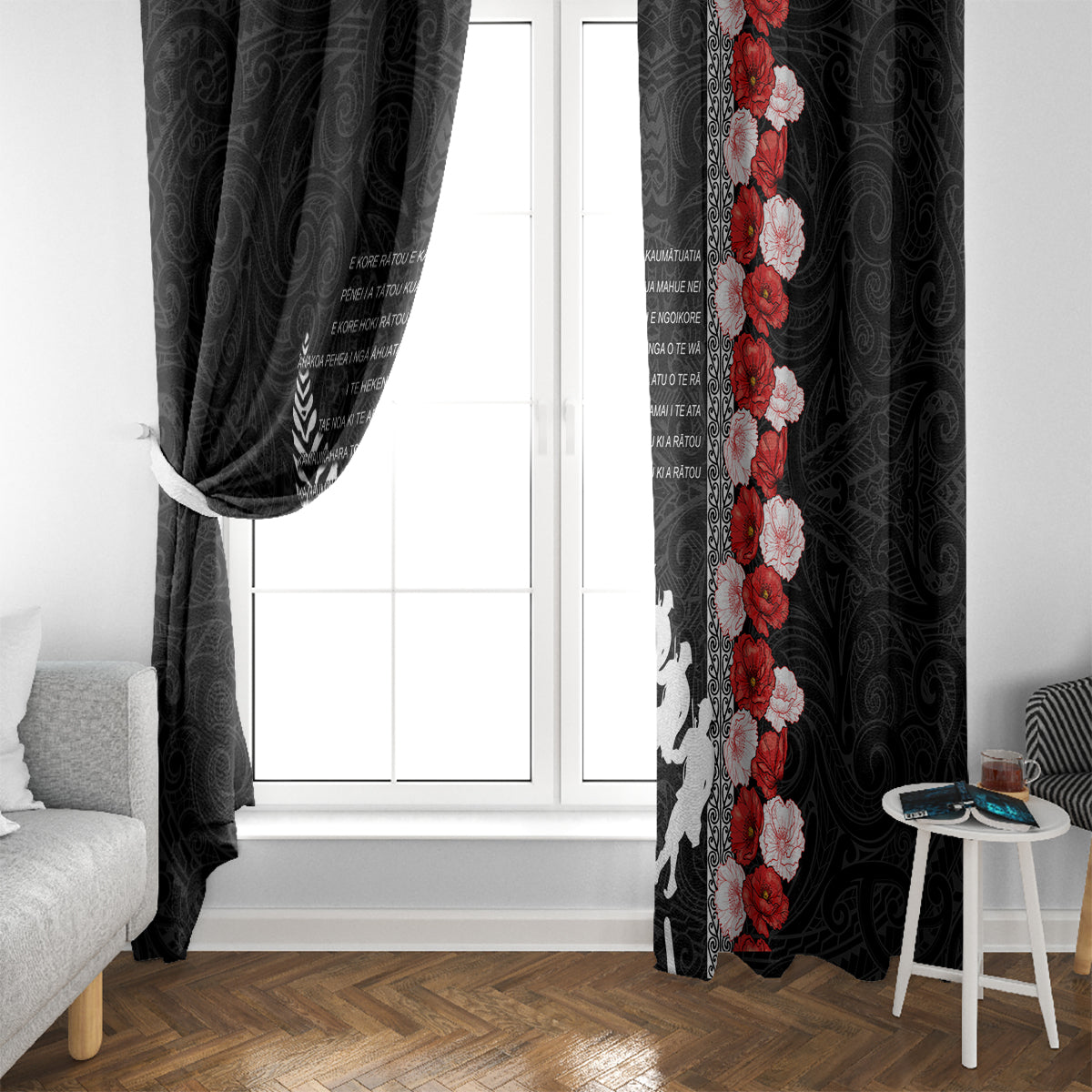 New Zealand ANZAC Day Window Curtain Soldier Silver Fern with Red Poppies Flower Maori Style LT03 - Polynesian Pride