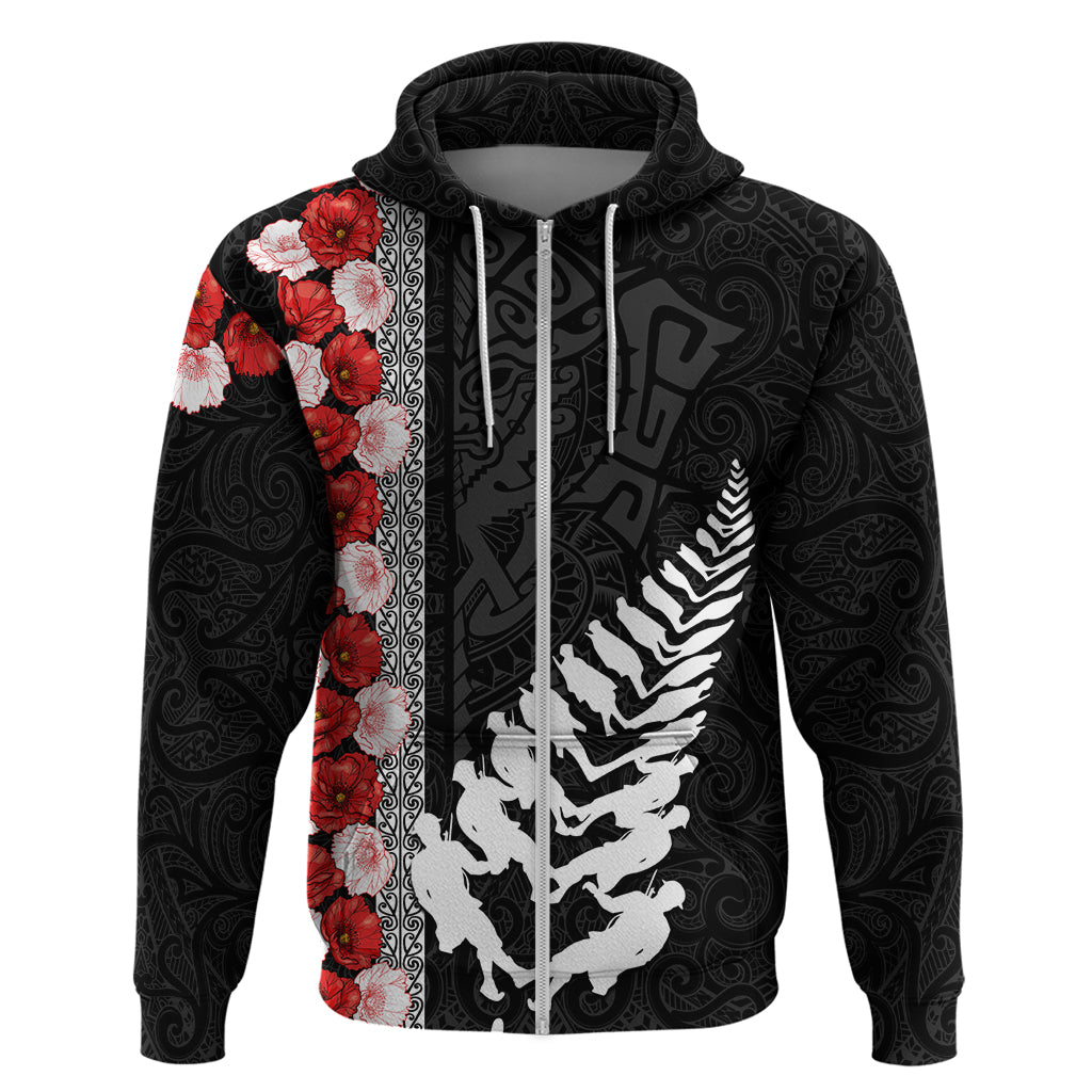 New Zealand ANZAC Day Zip Hoodie Soldier Silver Fern with Red Poppies Flower Maori Style LT03 Zip Hoodie Black - Polynesian Pride