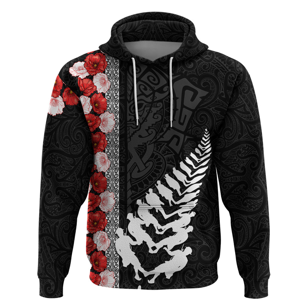 New Zealand ANZAC Day Zip Hoodie Soldier Silver Fern with Red Poppies Flower Maori Style LT03 Pullover Hoodie Black - Polynesian Pride