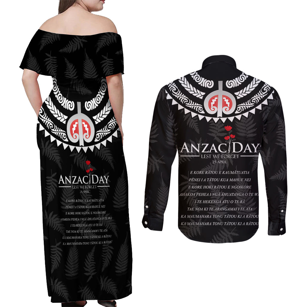 New Zealand ANZAC Day Couples Matching Off Shoulder Maxi Dress and Long Sleeve Button Shirt Lest We Forget Haka Dance Respect LT03 - Polynesian Pride