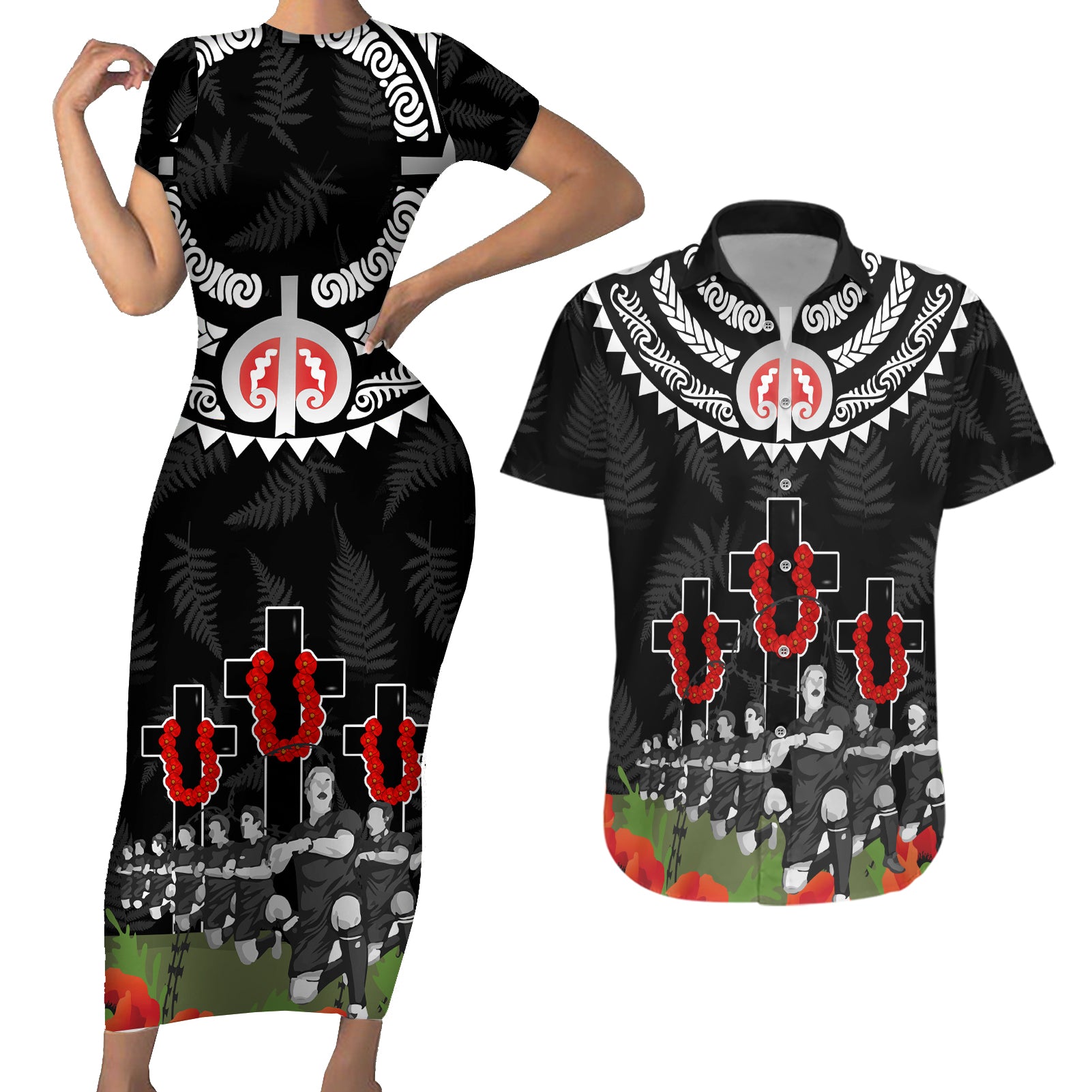 New Zealand ANZAC Day Couples Matching Short Sleeve Bodycon Dress and Hawaiian Shirt Lest We Forget Haka Dance Respect LT03 Black - Polynesian Pride