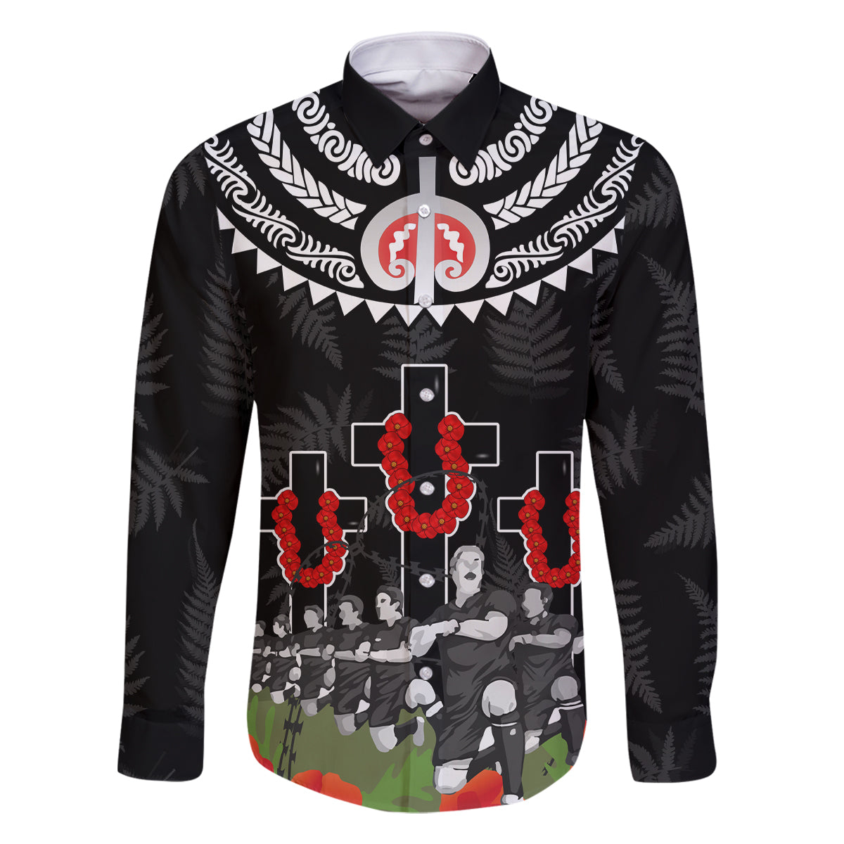 New Zealand ANZAC Day Family Matching Mermaid Dress and Hawaiian Shirt Lest We Forget Haka Dance Respect LT03 Dad's Shirt - Long Sleeve Black - Polynesian Pride