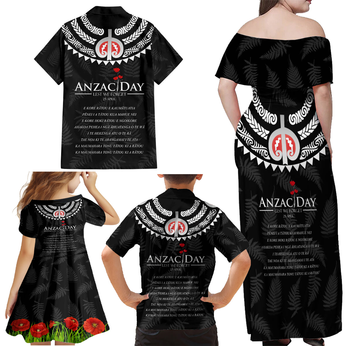 New Zealand ANZAC Day Family Matching Off Shoulder Maxi Dress and Hawaiian Shirt Lest We Forget Haka Dance Respect LT03 - Polynesian Pride