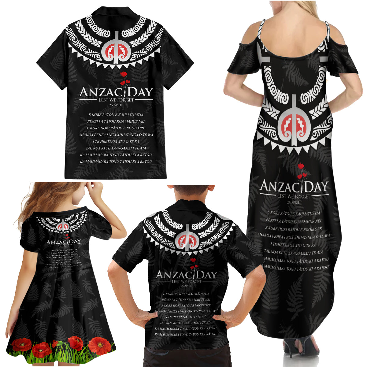 New Zealand ANZAC Day Family Matching Summer Maxi Dress and Hawaiian Shirt Lest We Forget Haka Dance Respect LT03 - Polynesian Pride
