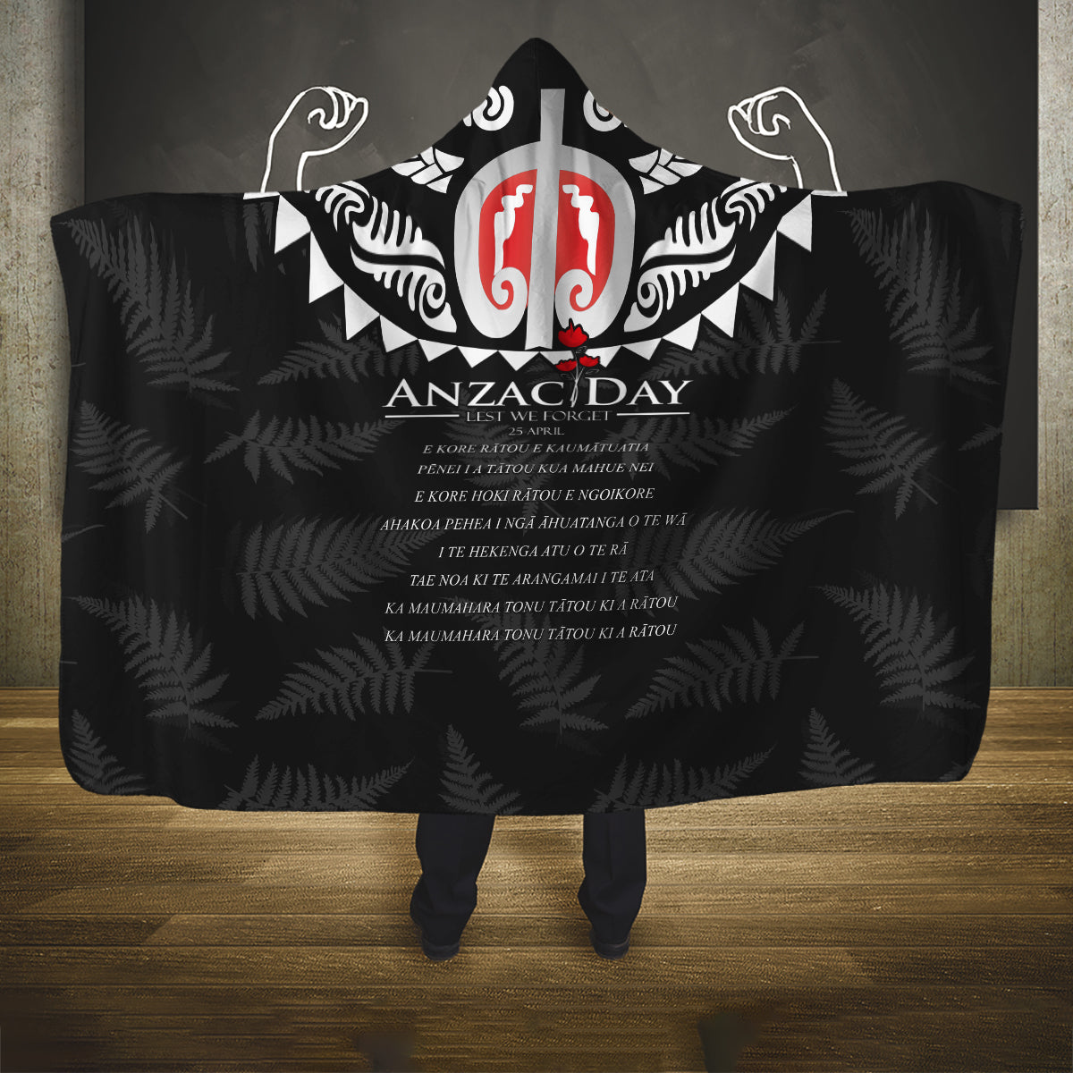 New Zealand ANZAC Day Hooded Blanket Lest We Forget Haka Dance Respect LT03 One Size Black - Polynesian Pride