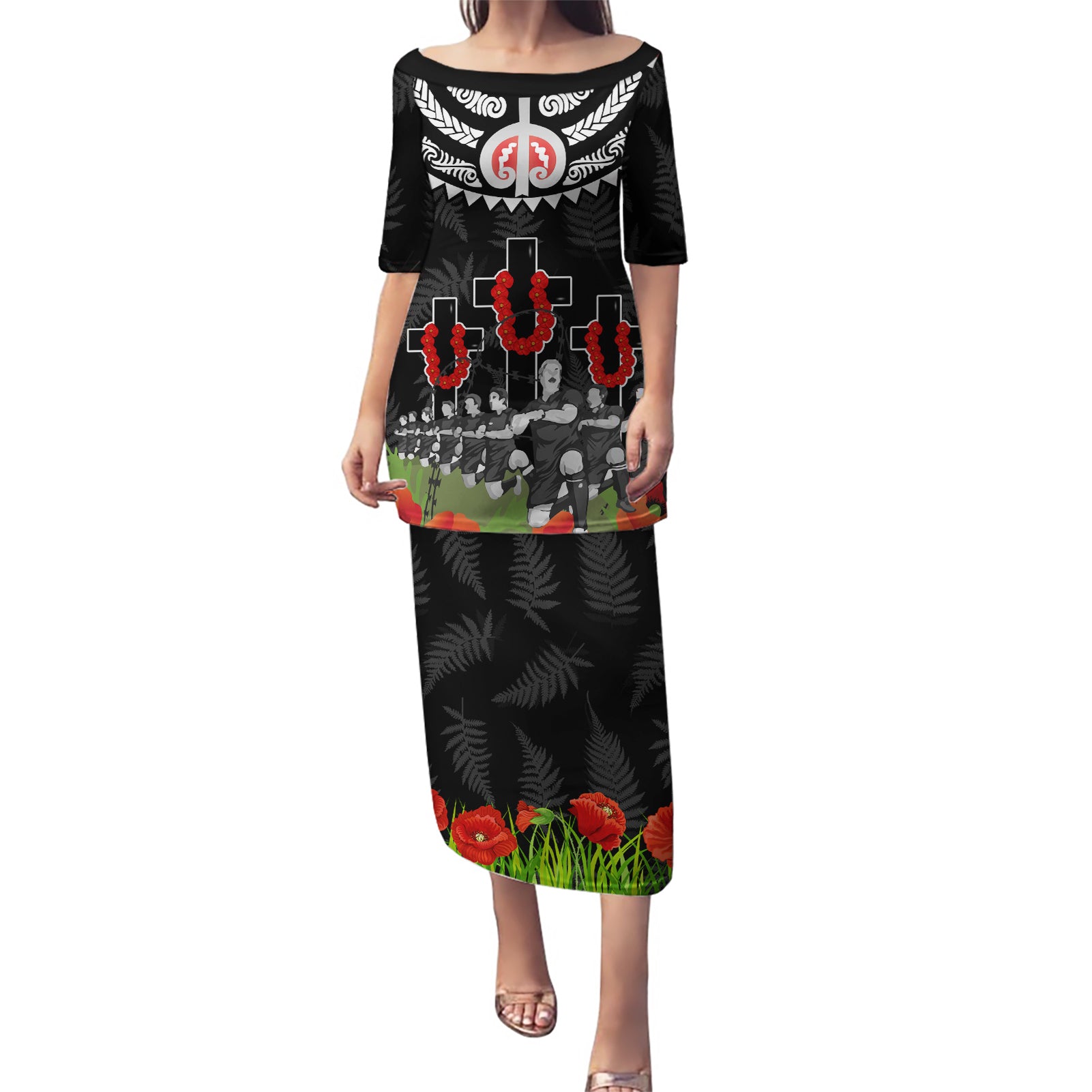 New Zealand ANZAC Day Puletasi Lest We Forget Haka Dance Respect LT03 Long Dress Black - Polynesian Pride