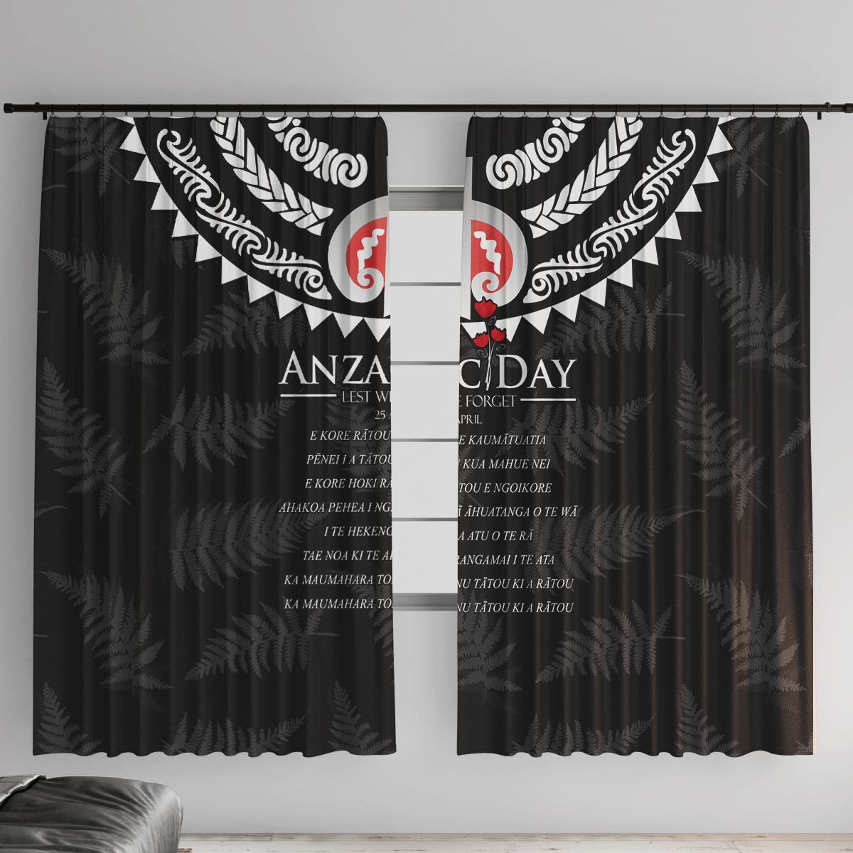 New Zealand ANZAC Day Window Curtain Lest We Forget Haka Dance Respect LT03 With Hooks Black - Polynesian Pride