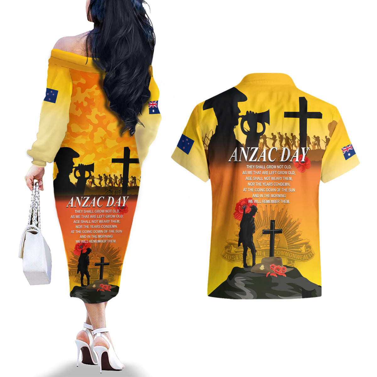 New Zealand and Australia ANZAC Day Couples Matching Off The Shoulder Long Sleeve Dress and Hawaiian Shirt Gallipoli Lest We Forget LT03 - Polynesian Pride
