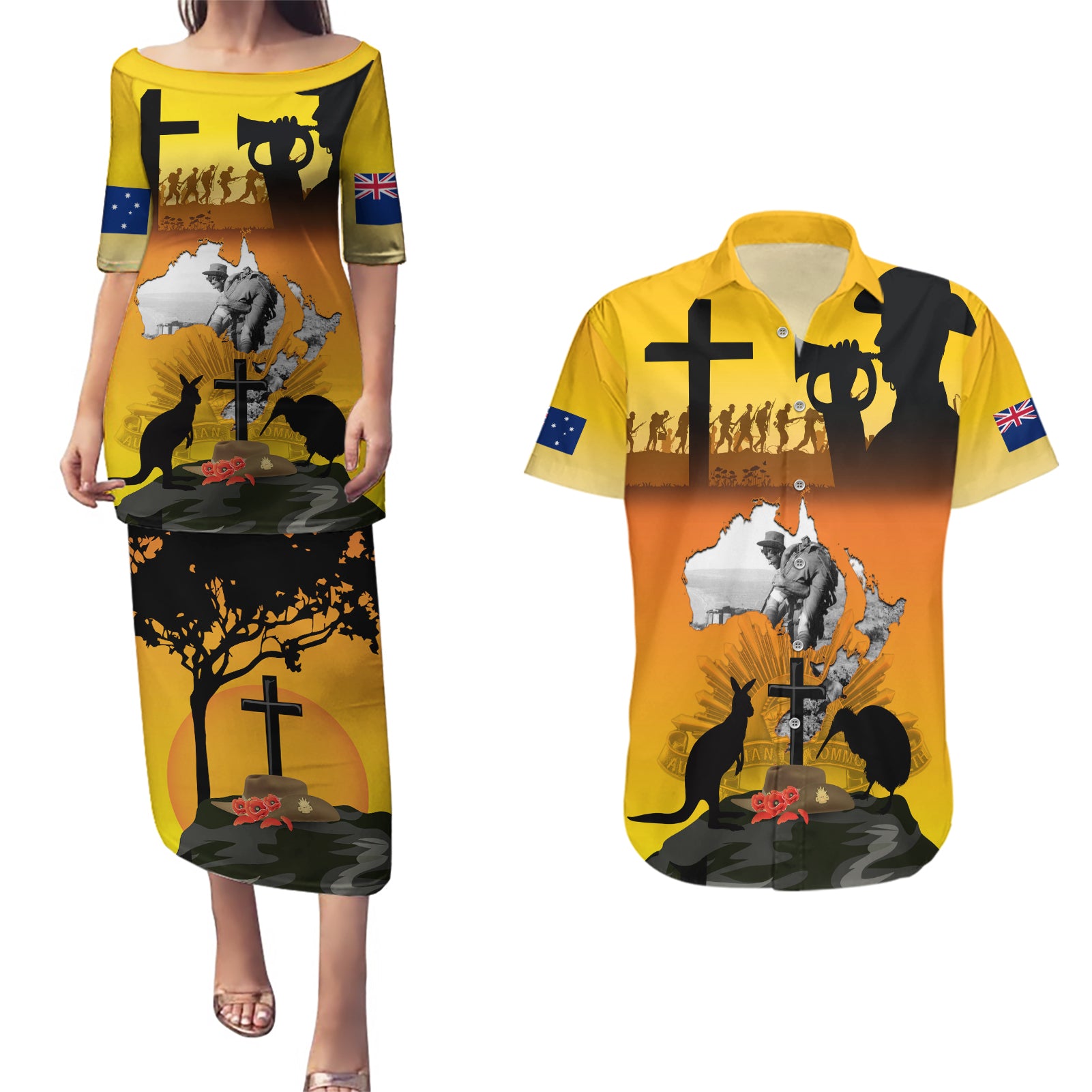 New Zealand and Australia ANZAC Day Couples Matching Puletasi and Hawaiian Shirt Gallipoli Lest We Forget LT03 Yellow - Polynesian Pride