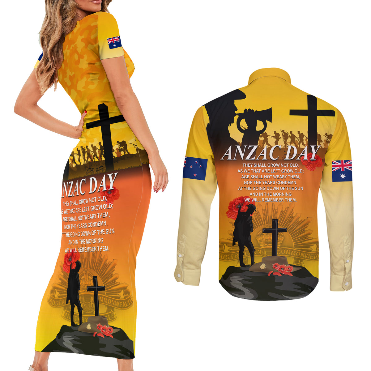 New Zealand and Australia ANZAC Day Couples Matching Short Sleeve Bodycon Dress and Long Sleeve Button Shirt Gallipoli Lest We Forget LT03 - Polynesian Pride