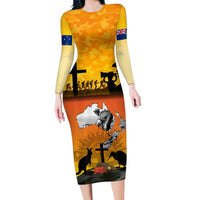 New Zealand and Australia ANZAC Day Family Matching Long Sleeve Bodycon Dress and Hawaiian Shirt Gallipoli Lest We Forget LT03 Mom's Dress Yellow - Polynesian Pride