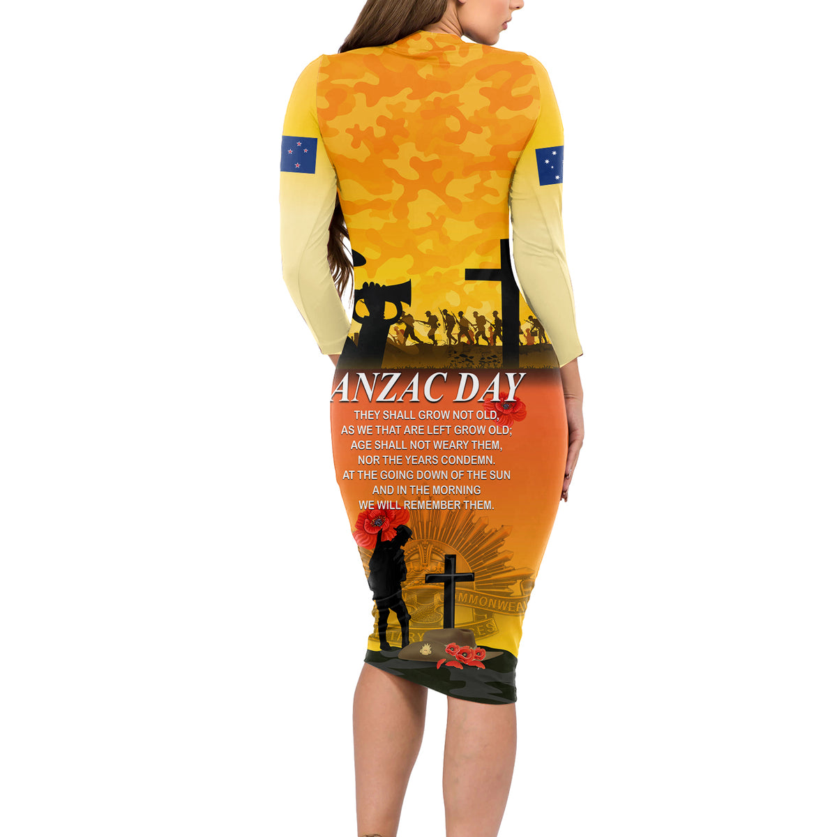 New Zealand and Australia ANZAC Day Long Sleeve Bodycon Dress Gallipoli Lest We Forget LT03 - Polynesian Pride