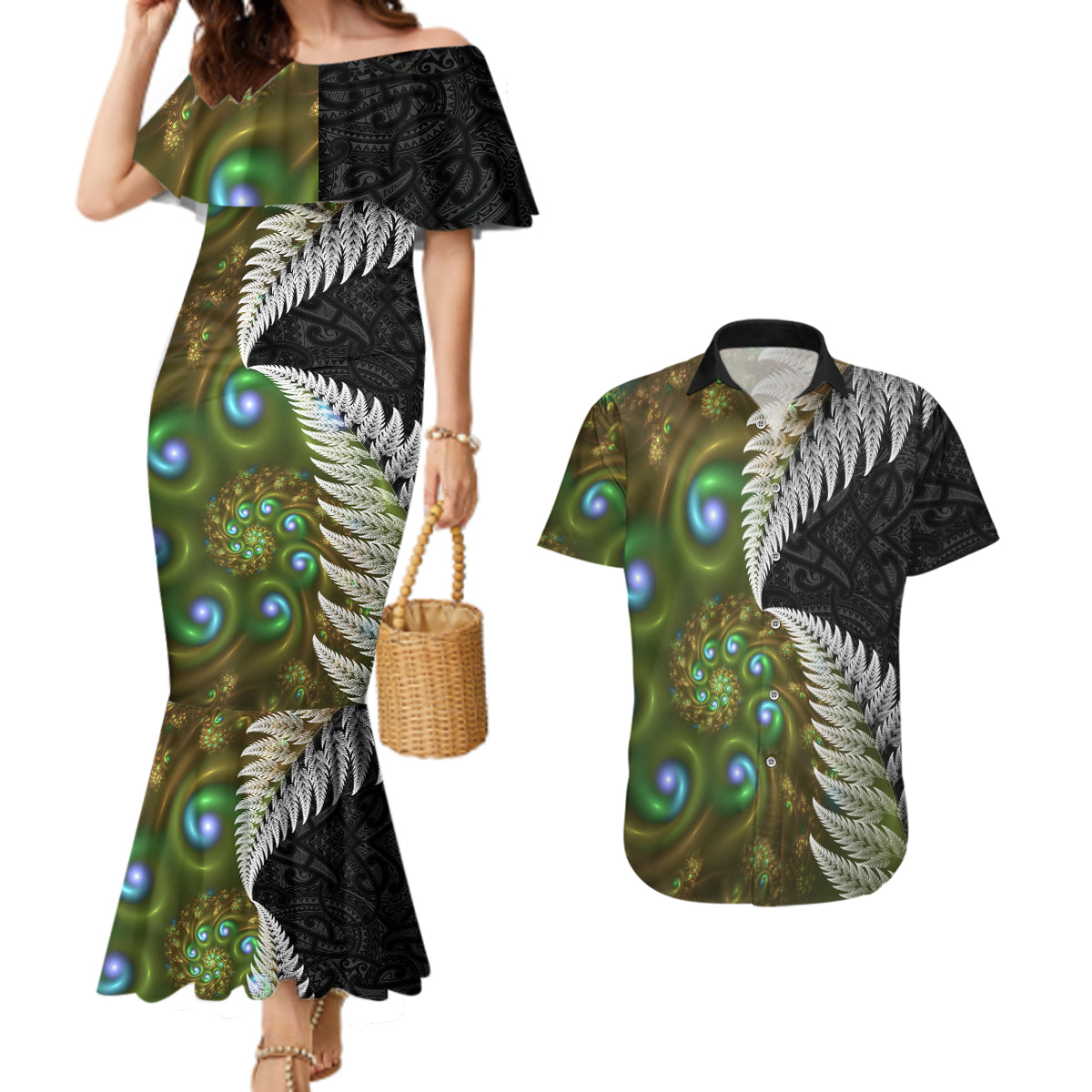 New Zealand Couples Matching Mermaid Dress and Hawaiian Shirt Koru Abstract Art and Silver Fern Maori Pattern LT03 Green - Polynesian Pride