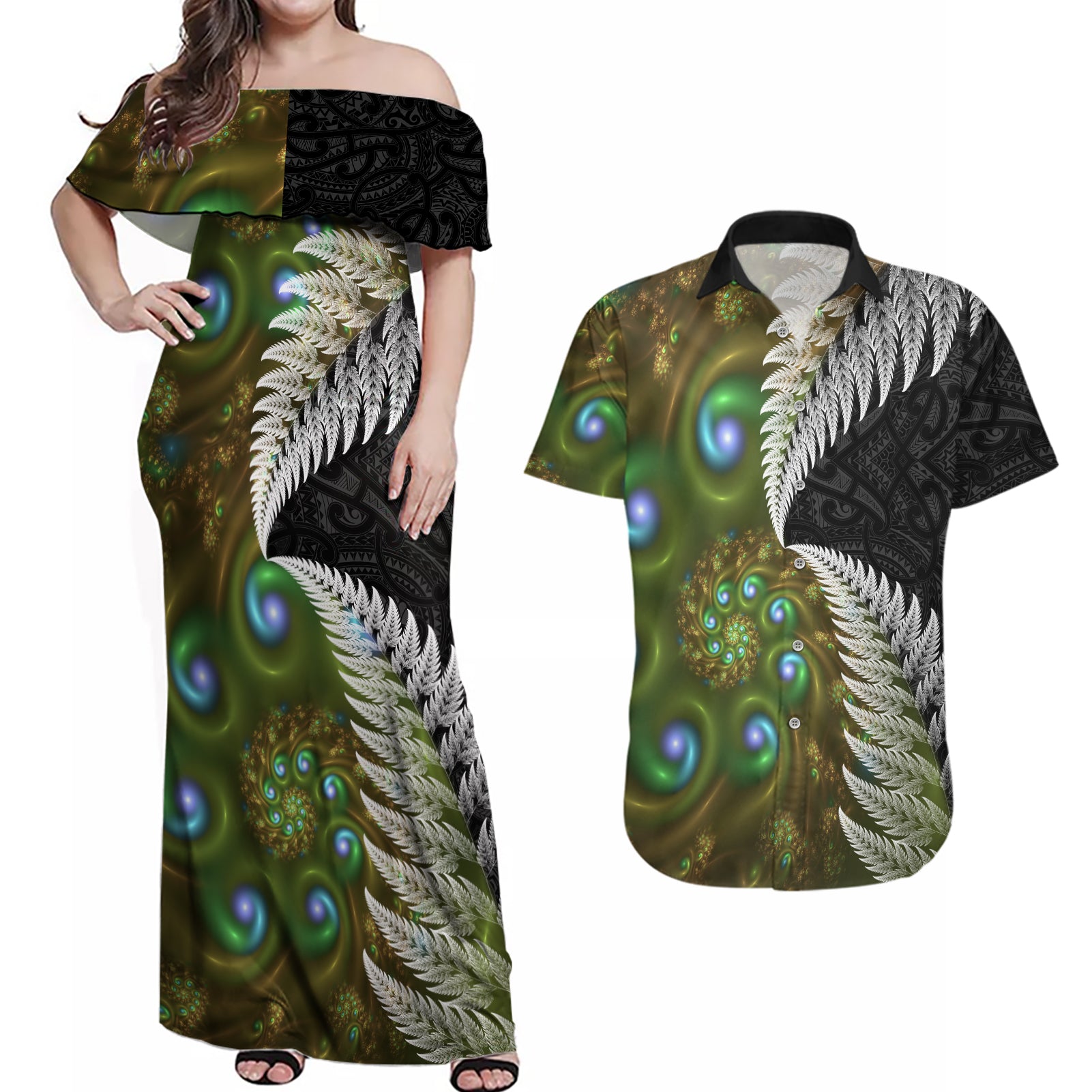 New Zealand Couples Matching Off Shoulder Maxi Dress and Hawaiian Shirt Koru Abstract Art and Silver Fern Maori Pattern LT03 Green - Polynesian Pride