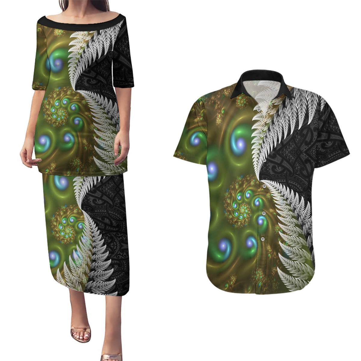 New Zealand Couples Matching Puletasi and Hawaiian Shirt Koru Abstract Art and Silver Fern Maori Pattern LT03 Green - Polynesian Pride