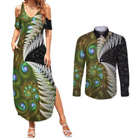 New Zealand Couples Matching Summer Maxi Dress and Long Sleeve Button Shirt Koru Abstract Art and Silver Fern Maori Pattern LT03 Green - Polynesian Pride