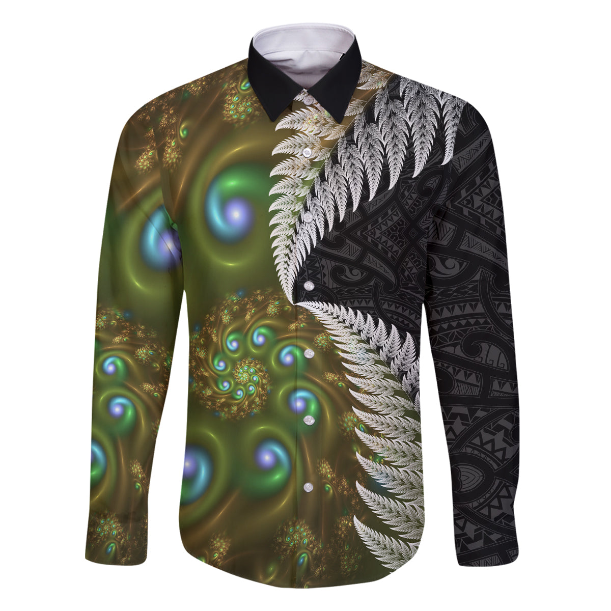 New Zealand Family Matching Long Sleeve Bodycon Dress and Hawaiian Shirt Koru Abstract Art and Silver Fern Maori Pattern LT03 Dad's Shirt - Long Sleeve Green - Polynesian Pride