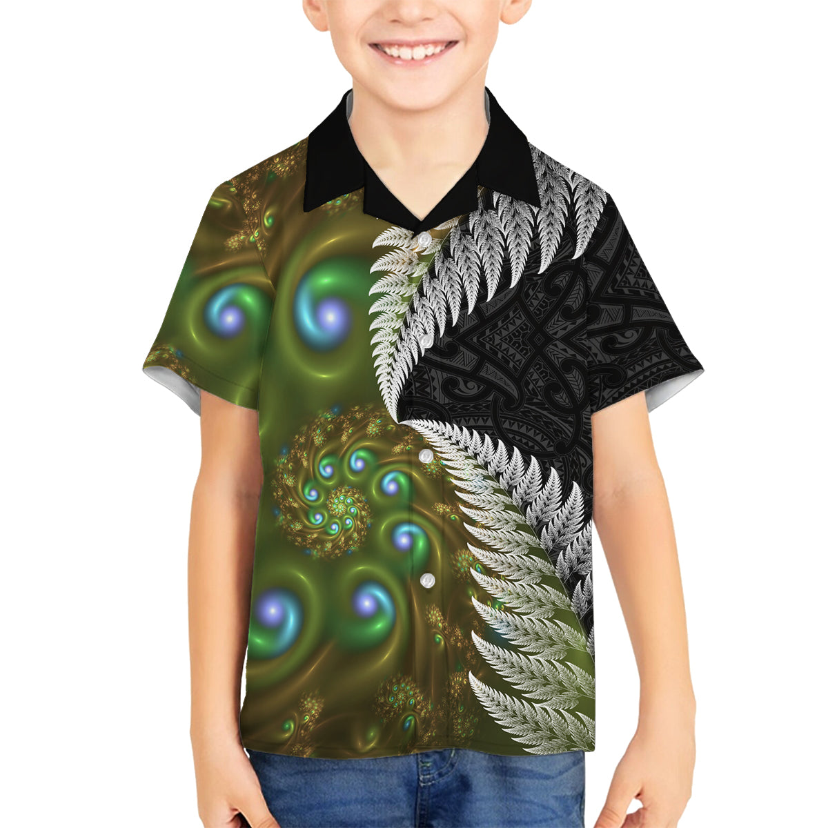 New Zealand Family Matching Long Sleeve Bodycon Dress and Hawaiian Shirt Koru Abstract Art and Silver Fern Maori Pattern LT03 Son's Shirt Green - Polynesian Pride