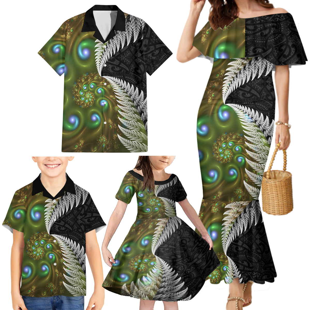 New Zealand Family Matching Mermaid Dress and Hawaiian Shirt Koru Abstract Art and Silver Fern Maori Pattern LT03 - Polynesian Pride