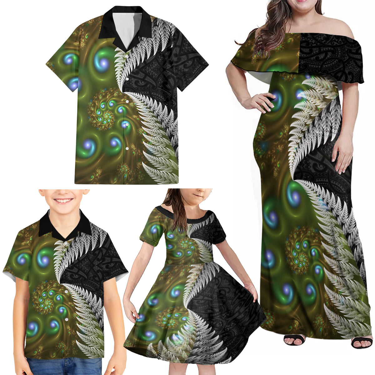 New Zealand Family Matching Off Shoulder Maxi Dress and Hawaiian Shirt Koru Abstract Art and Silver Fern Maori Pattern LT03 - Polynesian Pride