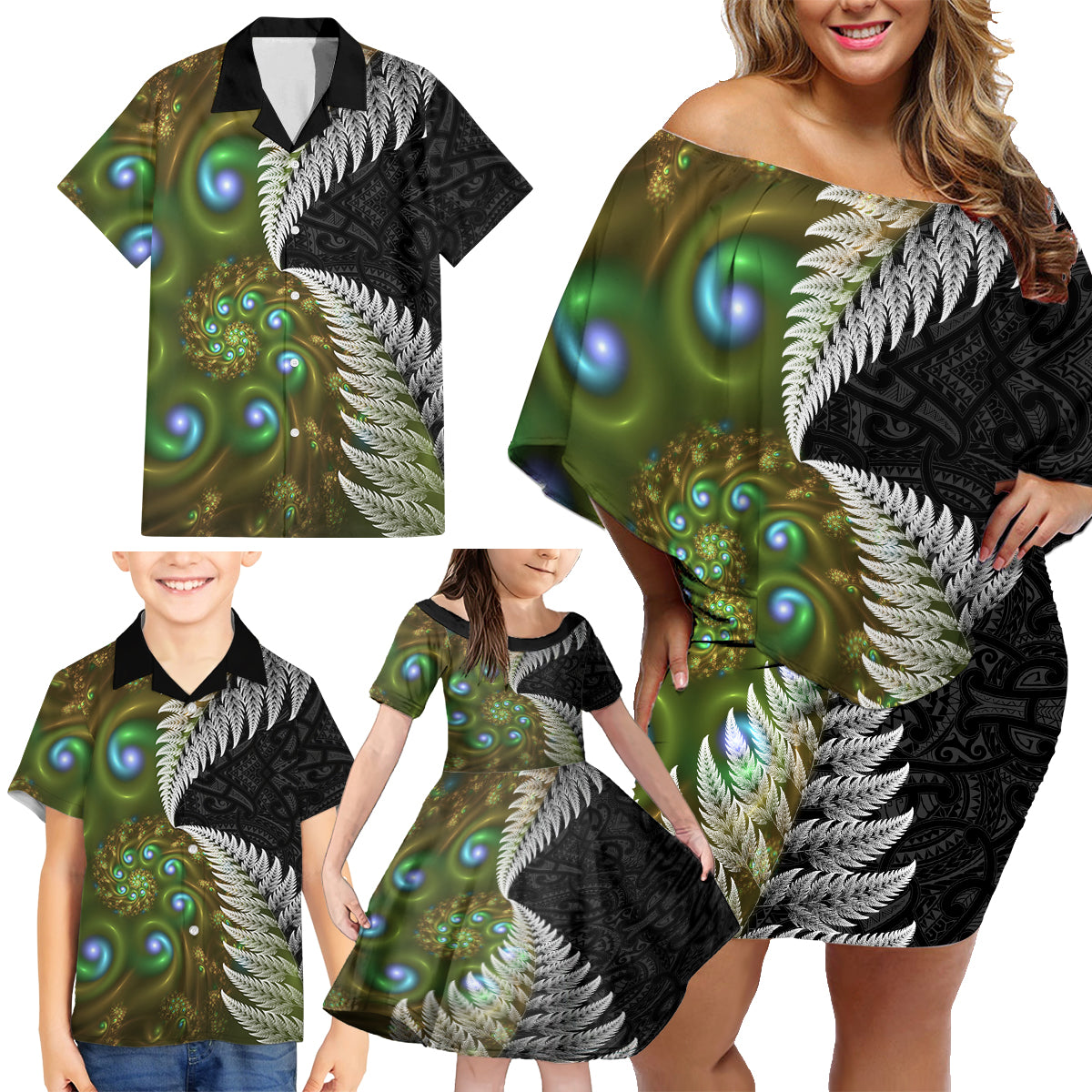 New Zealand Family Matching Off Shoulder Short Dress and Hawaiian Shirt Koru Abstract Art and Silver Fern Maori Pattern LT03 - Polynesian Pride