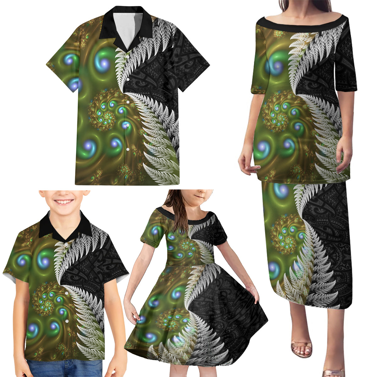 New Zealand Family Matching Puletasi and Hawaiian Shirt Koru Abstract Art and Silver Fern Maori Pattern LT03 - Polynesian Pride