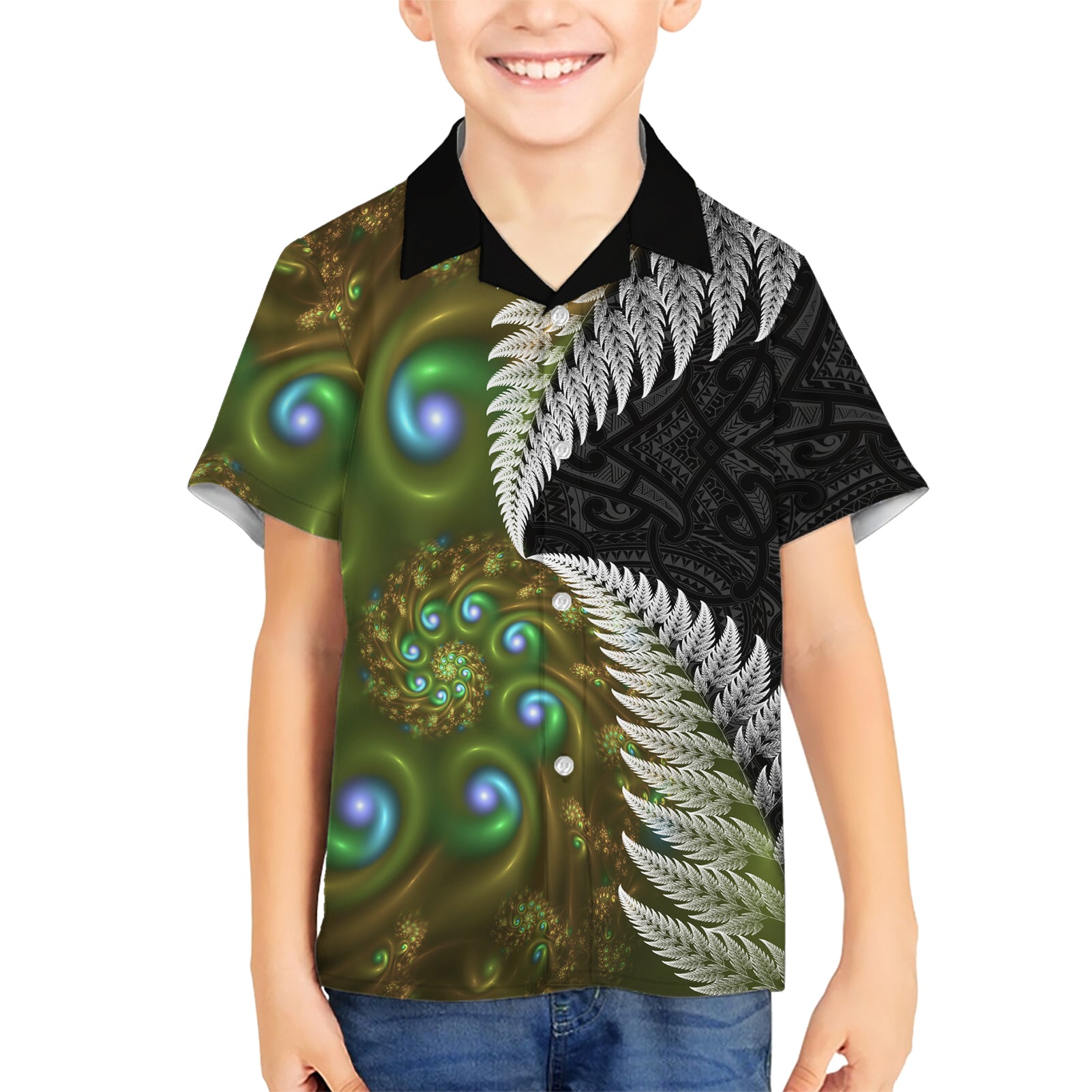 New Zealand Kid Hawaiian Shirt Koru Abstract Art and Silver Fern Maori Pattern LT03 Kid Green - Polynesian Pride