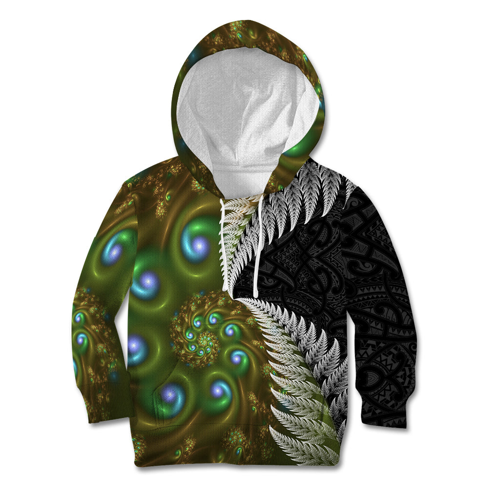 New Zealand Kid Hoodie Koru Abstract Art and Silver Fern Maori Pattern LT03 Hoodie Green - Polynesian Pride