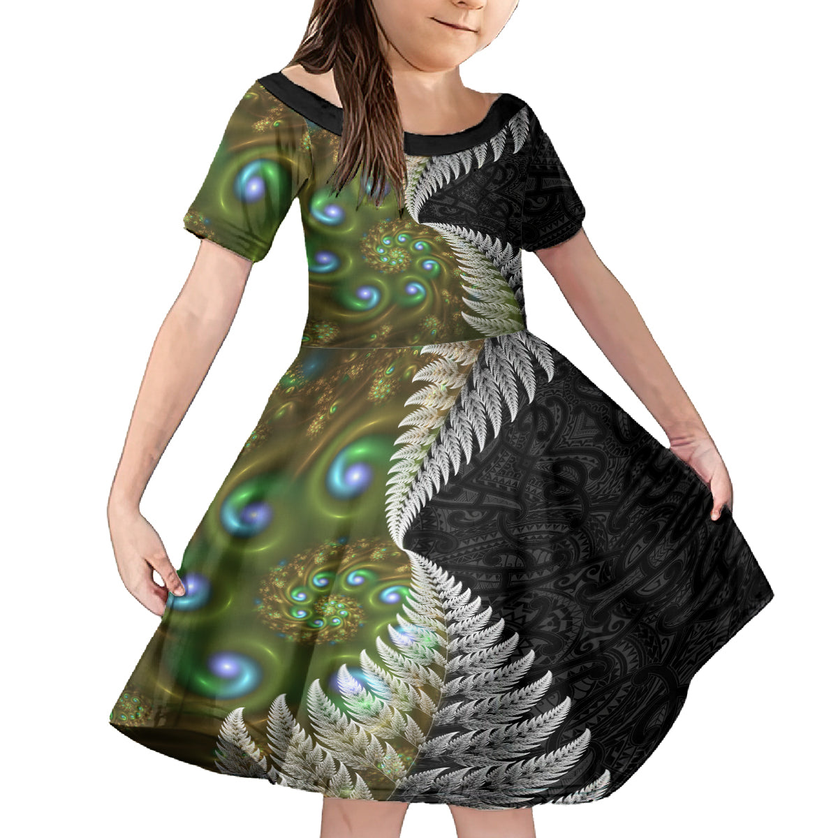 New Zealand Kid Short Sleeve Dress Koru Abstract Art and Silver Fern Maori Pattern LT03 KID Green - Polynesian Pride