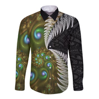 New Zealand Long Sleeve Button Shirt Koru Abstract Art and Silver Fern Maori Pattern LT03 Unisex Green - Polynesian Pride