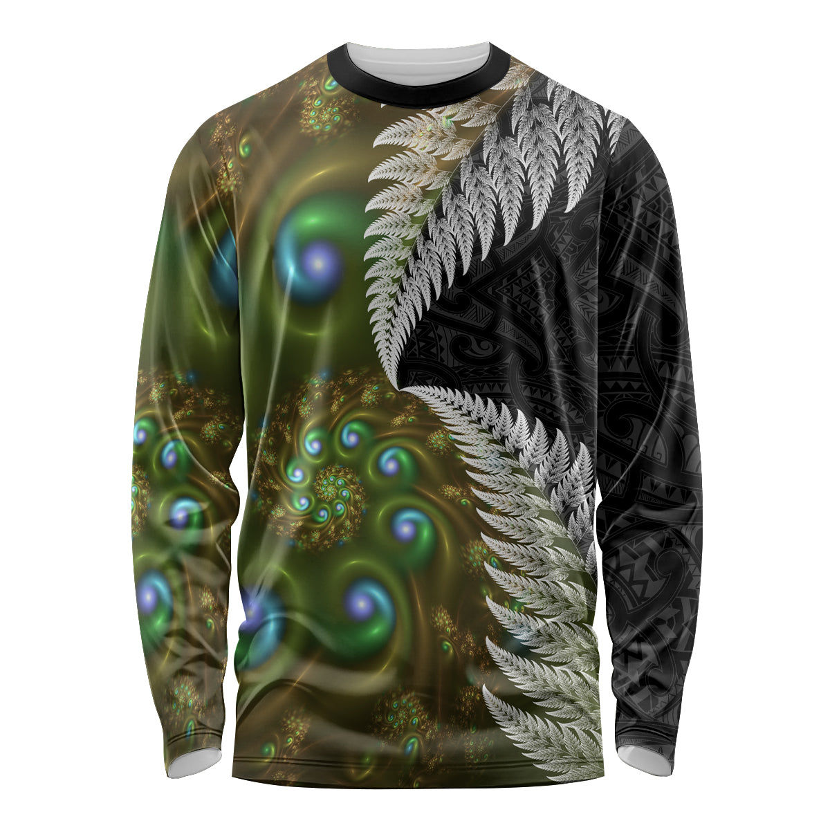 New Zealand Long Sleeve Shirt Koru Abstract Art and Silver Fern Maori Pattern LT03 Unisex Green - Polynesian Pride