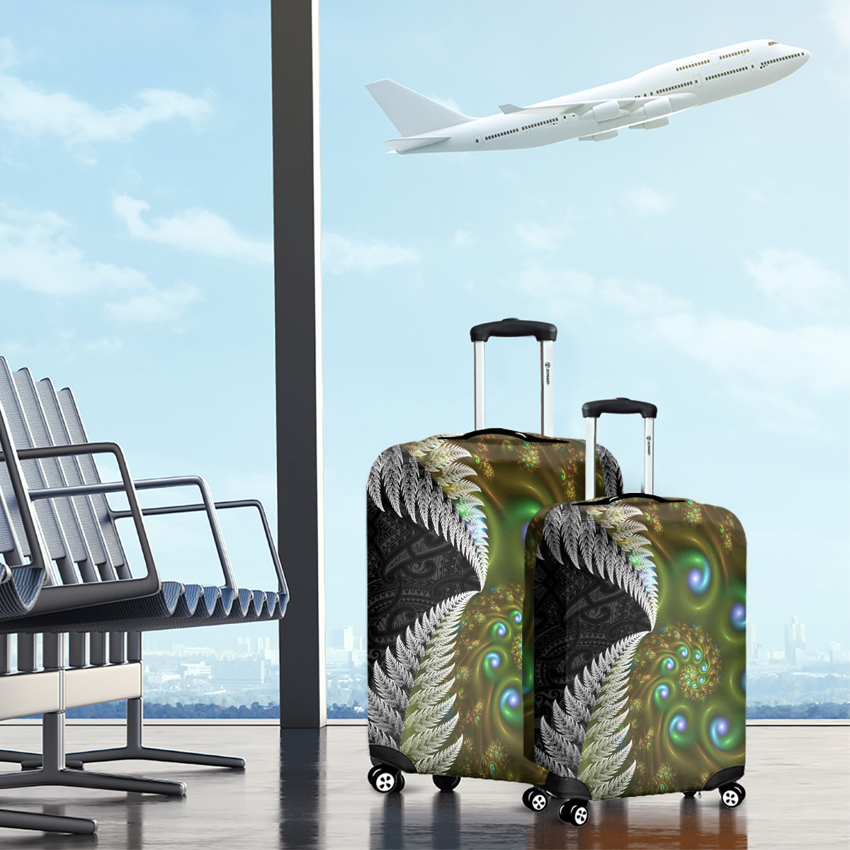 New Zealand Luggage Cover Koru Abstract Art and Silver Fern Maori Pattern