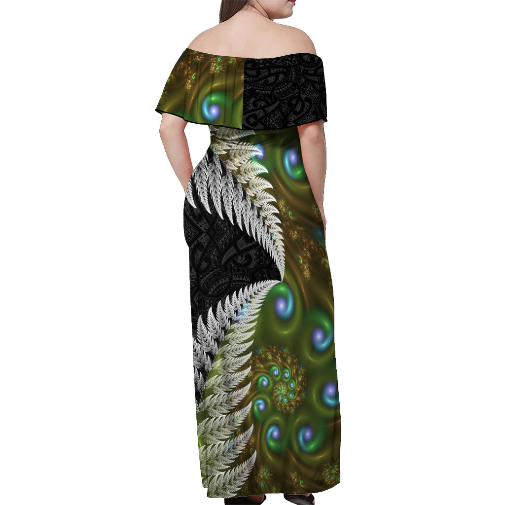 New Zealand Off Shoulder Maxi Dress Koru Abstract Art and Silver Fern Maori Pattern LT03 - Polynesian Pride
