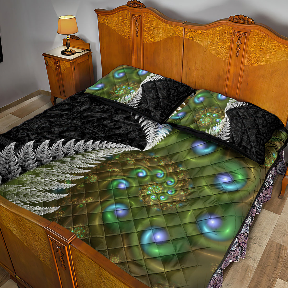 New Zealand Quilt Bed Set Koru Abstract Art and Silver Fern Maori Pattern