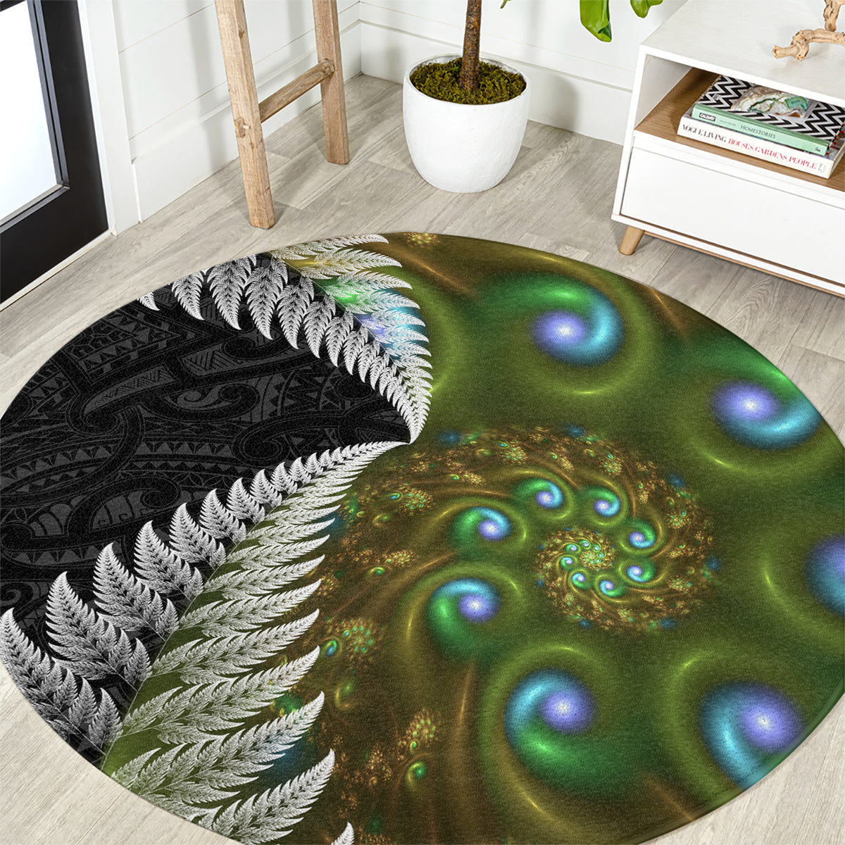 New Zealand Round Carpet Koru Abstract Art and Silver Fern Maori Pattern