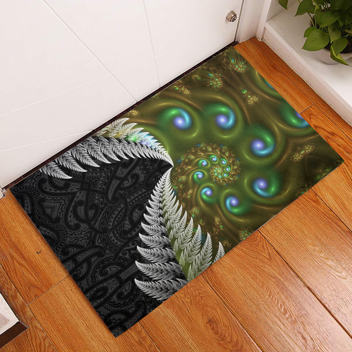New Zealand Rubber Doormat Koru Abstract Art and Silver Fern Maori Pattern LT03 Green - Polynesian Pride