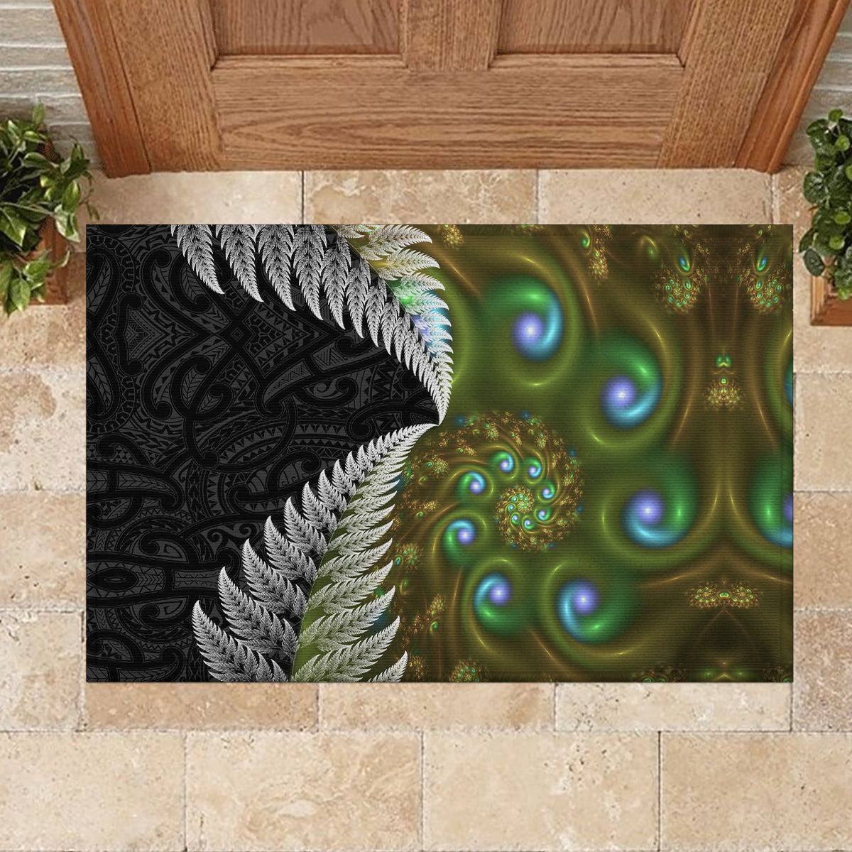 New Zealand Rubber Doormat Koru Abstract Art and Silver Fern Maori Pattern LT03 - Polynesian Pride