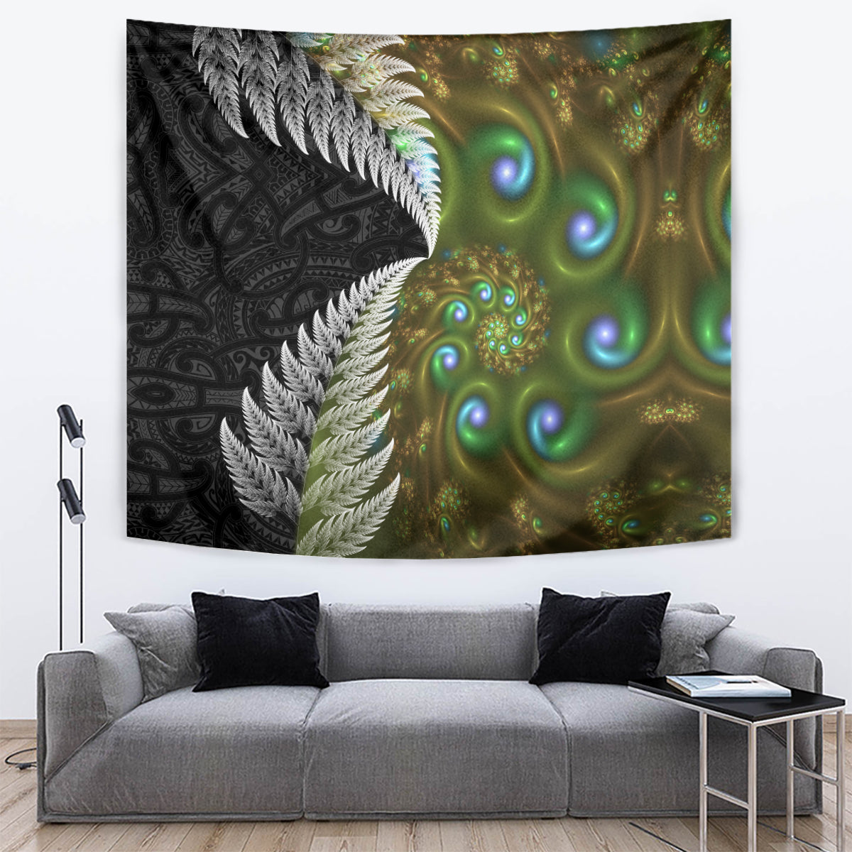 New Zealand Tapestry Koru Abstract Art and Silver Fern Maori Pattern LT03 Green - Polynesian Pride