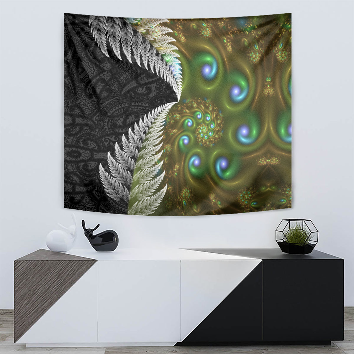 New Zealand Tapestry Koru Abstract Art and Silver Fern Maori Pattern LT03 - Polynesian Pride