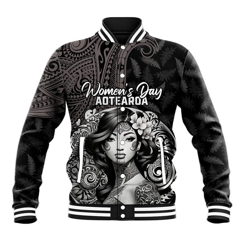 Custom New Zealand Women's Day Baseball Jacket Maori Tribal Girl and Silver Fern Pattern LT03 Unisex Black - Polynesian Pride