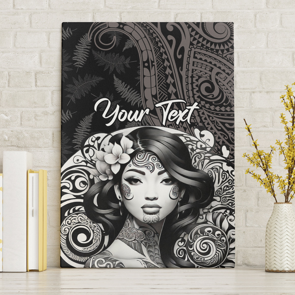 Custom New Zealand Women's Day Canvas Wall Art Maori Tribal Girl and Silver Fern Pattern LT03 Without Frame Black - Polynesian Pride