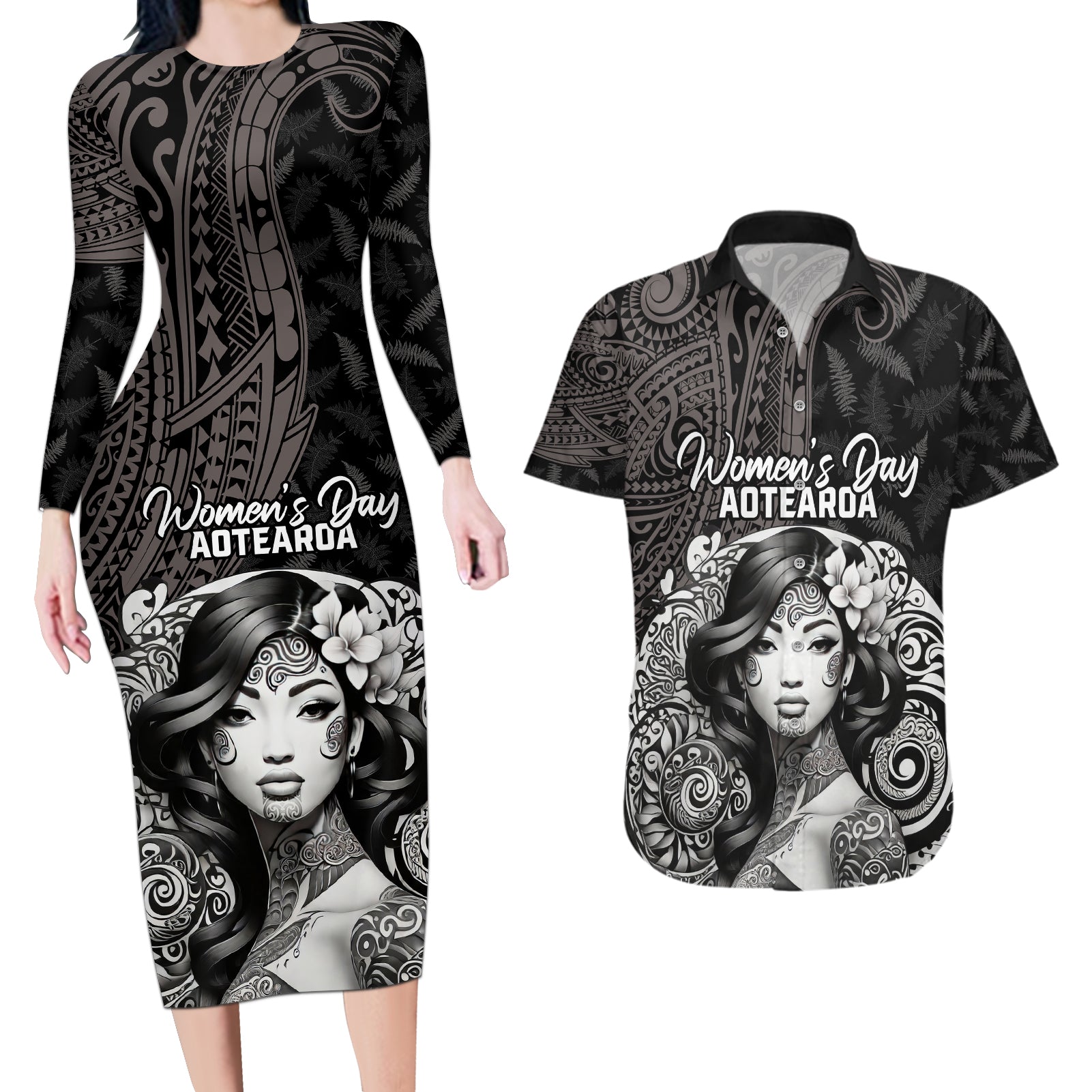 Custom New Zealand Women's Day Couples Matching Long Sleeve Bodycon Dress and Hawaiian Shirt Maori Tribal Girl and Silver Fern Pattern LT03 Black - Polynesian Pride