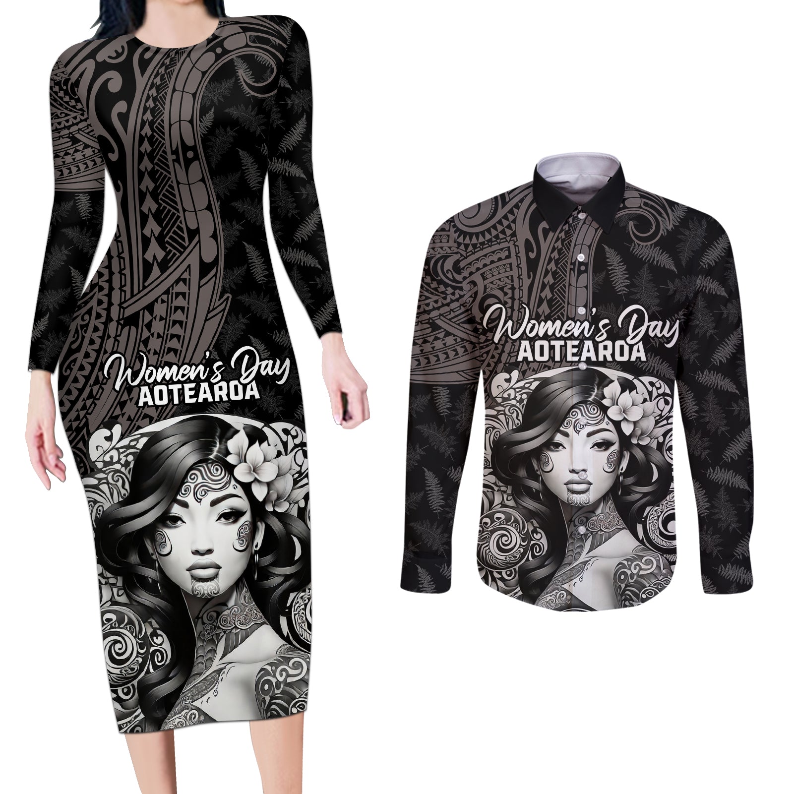 Custom New Zealand Women's Day Couples Matching Long Sleeve Bodycon Dress and Long Sleeve Button Shirt Maori Tribal Girl and Silver Fern Pattern LT03 Black - Polynesian Pride