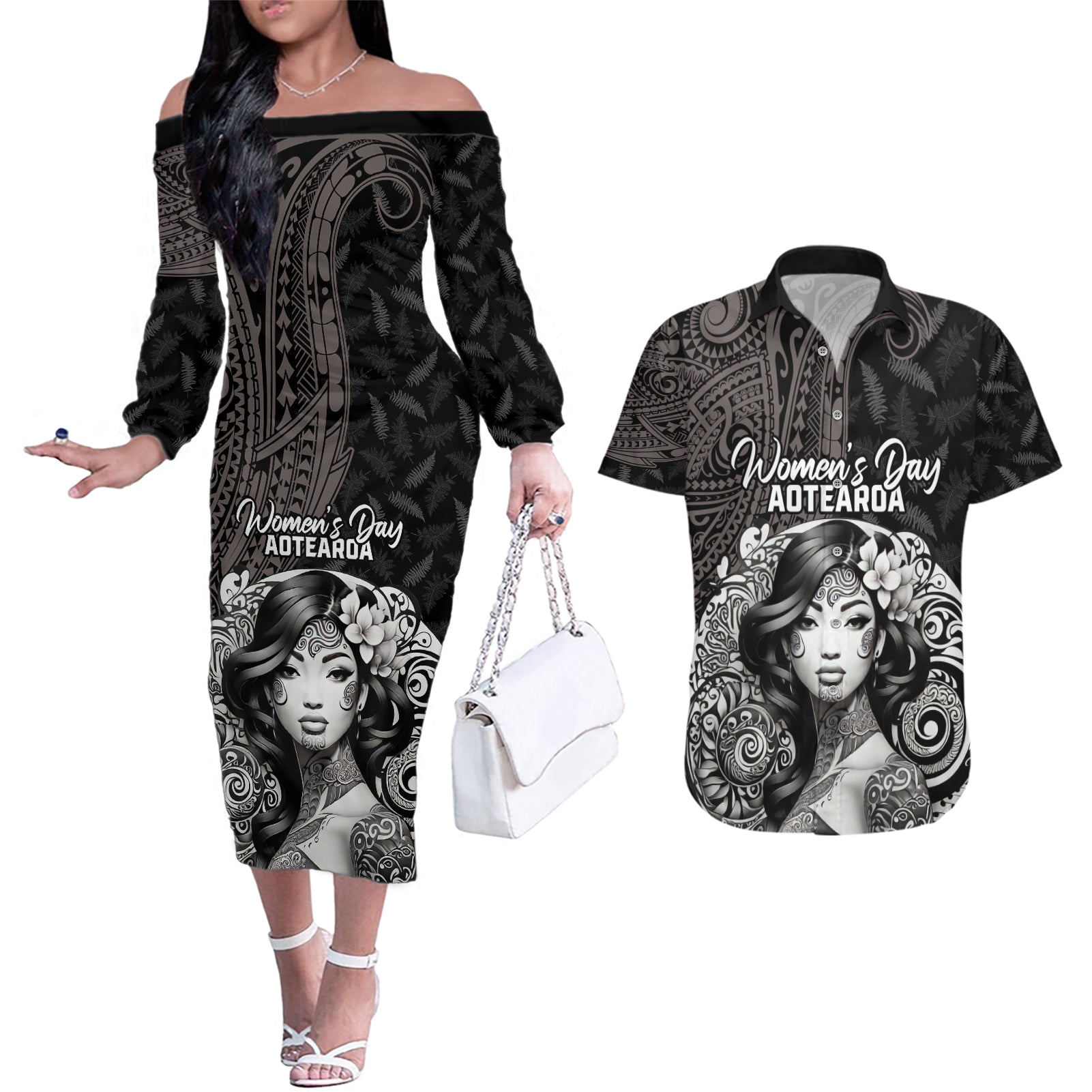 Custom New Zealand Women's Day Couples Matching Off The Shoulder Long Sleeve Dress and Hawaiian Shirt Maori Tribal Girl and Silver Fern Pattern LT03 Black - Polynesian Pride